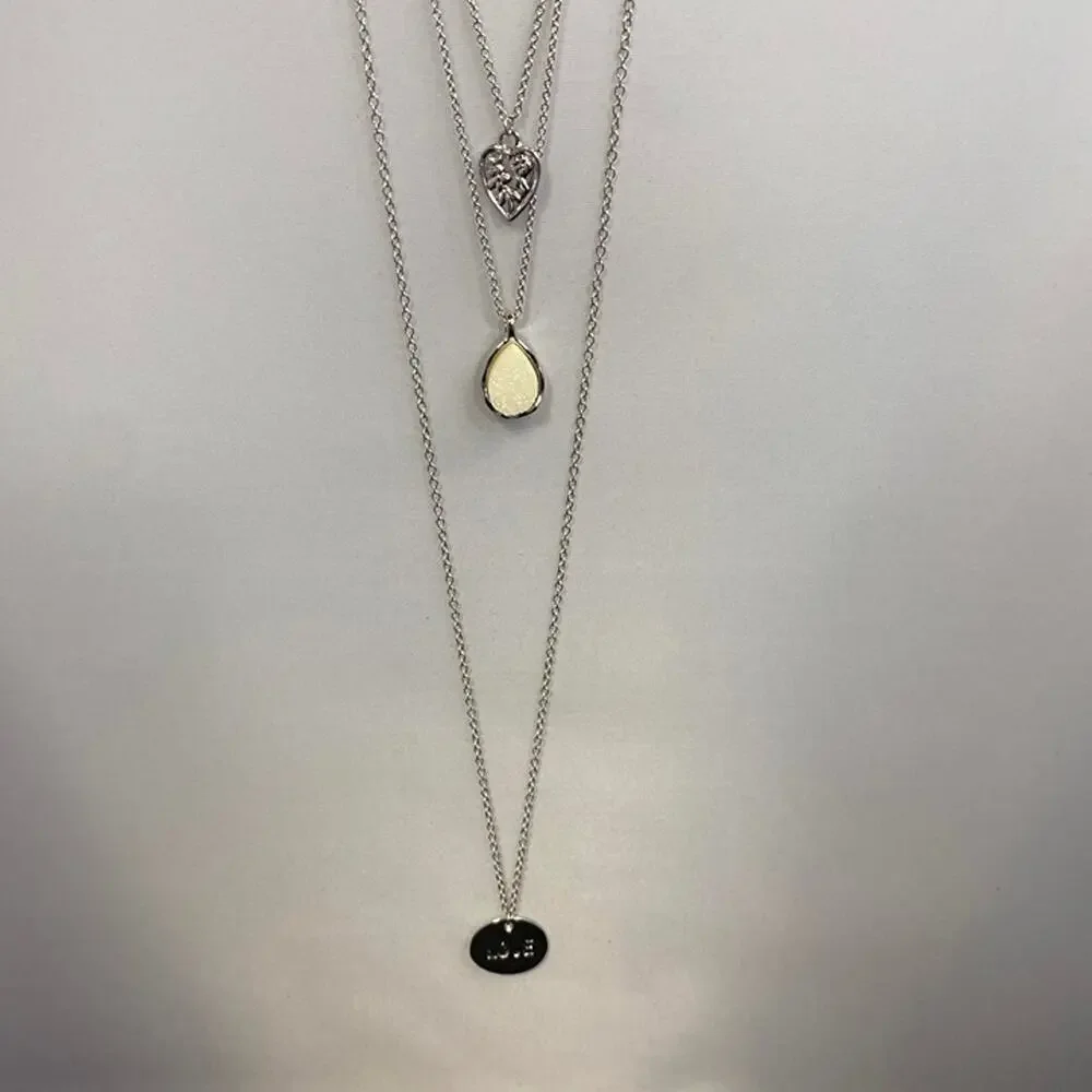 Silver Tone Layered Love Necklace Hammered Heart Druzy Teardrop Pendant NWT